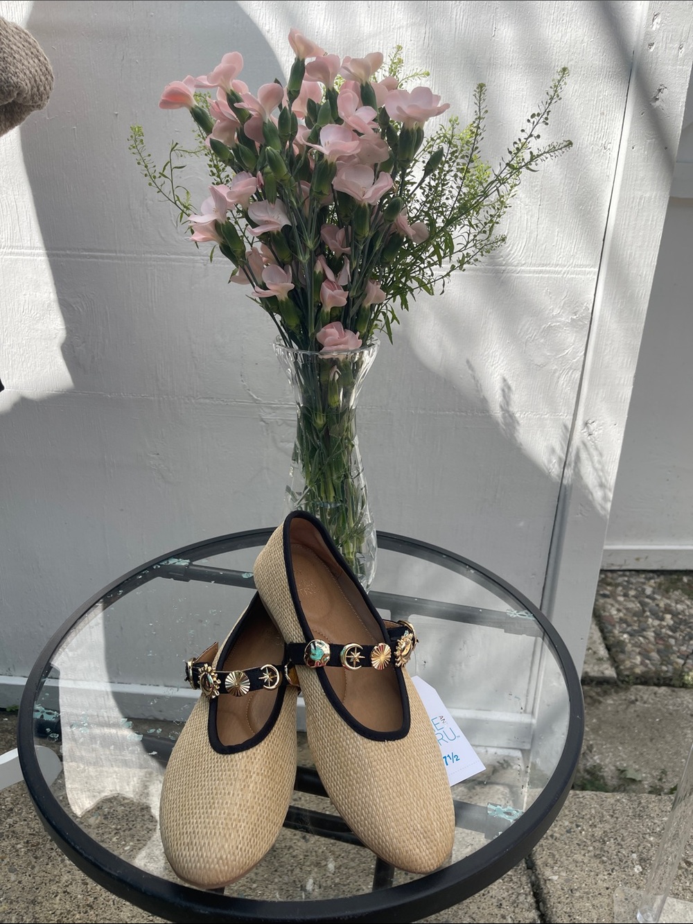 Time and Tru Women’s Beige Raffia Mary Jane Flats with Embellished Strap